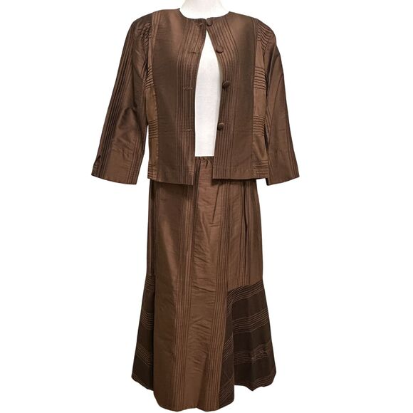 Emmelle New York Silk Skirt and Jacket Set Size S Chocolate Brown Quiet Luxury - Picture 1 of 7